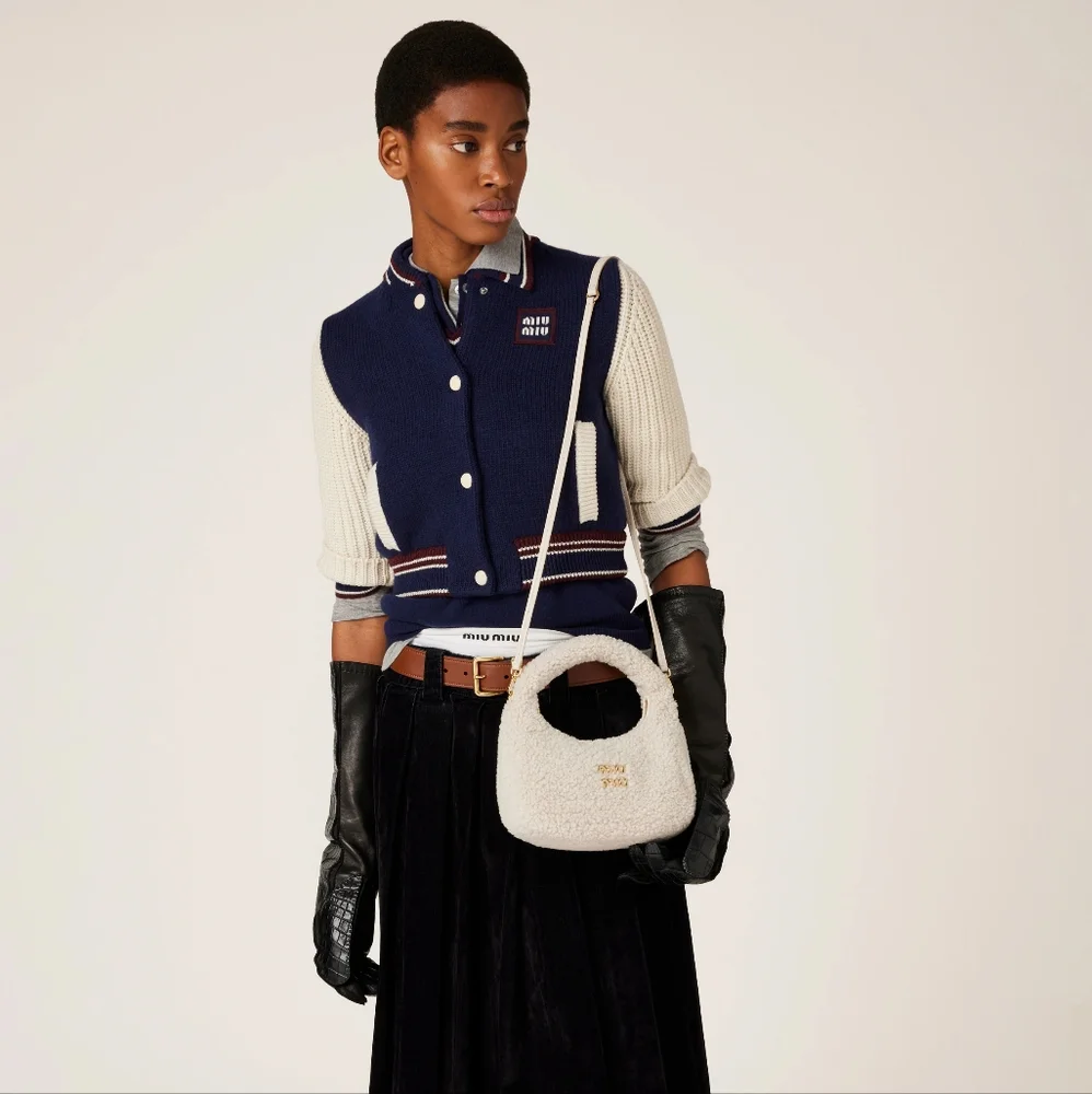 Miu Miu Cream Wander Shearling Hobo Handbag/Crossbody